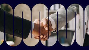 Two people shaking hands, framed by a dark wavy shape, symbolize Worldwide Expresss reveal of the WWEX Group. Their clasped hands are in focus, with varied backgrounds visible through the waves. One person wears a dark suit while the other is in light attire, representing unity and collaboration.