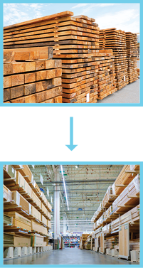 Stacks of rough-cut lumber symbolize the inbound logistics process, while an arrow pointing downwards leads to a well-organized aisle in a home improvement store, showcasing outbound logistics with shelves stocked with various wood planks.