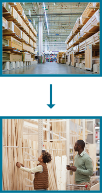 Top image: Wide-angle view of a spacious hardware store, showcasing shelves stocked with diverse wood pieces. Bottom image: Two people examining wooden planks in the aisle, illustrating the flow of inbound to outbound logistics. An arrow indicates the sequence between images.