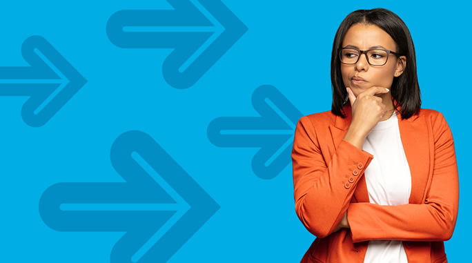 A woman in an orange blazer and glasses stands thoughtfully against a blue background with arrow graphics pointing to the right. Her expression is contemplative, with one hand resting on her chin.