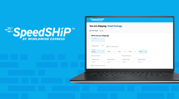 A laptop displaying the SpeedShip software interface for shipping packages is shown against a blue background. The SpeedShip logo and tagline by Worldwide Express appear to the left of the laptop.