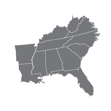 A Freight Carriers Map highlights several southeastern U.S. states in dark gray, including Virginia, Tennessee, Kentucky, Georgia, Florida, Alabama, South Carolina, North Carolina, Mississippi, Louisiana, West Virginia, and Arkansas. Borders are crisply outlined in white.