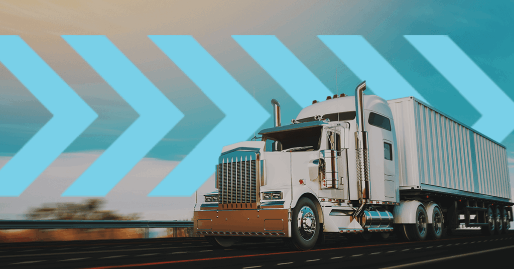 A white semi-truck with a trailer is driving on a highway under a cloudy sky. Large blue arrows are superimposed in the background, suggesting forward motion.