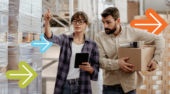 A woman holding a tablet points at stacked boxes wrapped in plastic, while a man carries a cardboard box nearby. Both are in a warehouse. Colorful arrows are overlaid on the image, pointing in different directions.