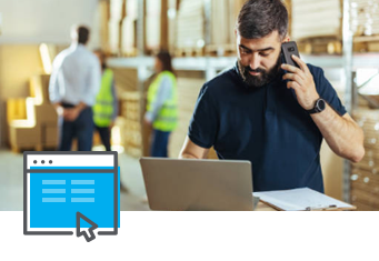 A man with a beard talks on the phone while looking at a laptop and clipboard in a bustling warehouse. Two colleagues in safety vests work diligently in the background. An icon of SpeedShip’s webpage with a cursor is overlaid, highlighting efficient logistics solutions.