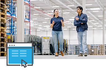 Two people walk and talk in a spacious warehouse, surrounded by shelves and equipment. Engaged in discussion about SpeedShip, a blue website interface icon with a cursor overlays the foreground, highlighting their focus on streamlined logistics solutions.