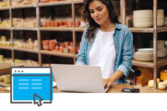 A person stands at a counter in a pottery shop, using a laptop adorned with the SpeedShip logo. Shelves overflow with ceramic treasures as an overlay icon of a webpage with a cursor graces the lower left, suggesting seamless online shopping.