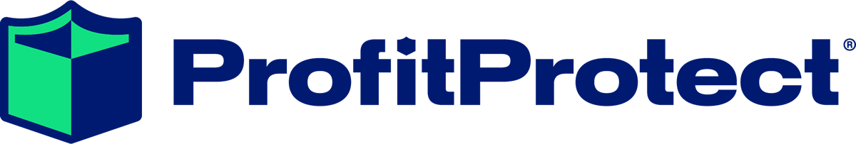 Logo for ProfitProtect featuring a stylized green shield on the left and the brand name in bold dark blue text on the right, evoking a sense of security perfect for businesses during the bustling holiday shipping season.