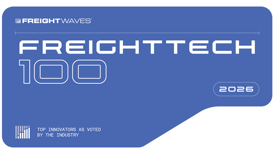 Blue graphic card featuring the FreightWaves logo and text: FREIGHTTECH 100 2026. Bottom left corner reads, Top innovators as voted by the industry, with a stylized barcode design—highlighting Daniel Curling WWEX Group CTO’s industry impact.