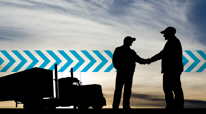 Silhouette of two people wearing hats shaking hands near a semi-truck at sunset, with blue chevron arrows in the background pointing to the right.