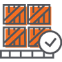An illustration of four orange crates stacked on a pallet, with a large check mark symbol in the corner indicating approval or verification.