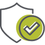 A simple shield outline with a large green circle containing a checkmark overlapping its lower right side, symbolizing security and verification.
